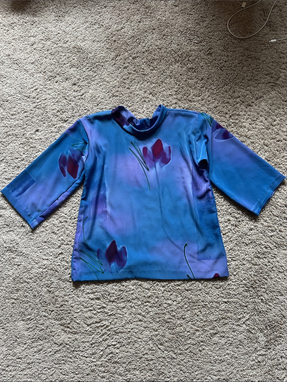 Silk Blue Floral Mock-Neck Womens Top